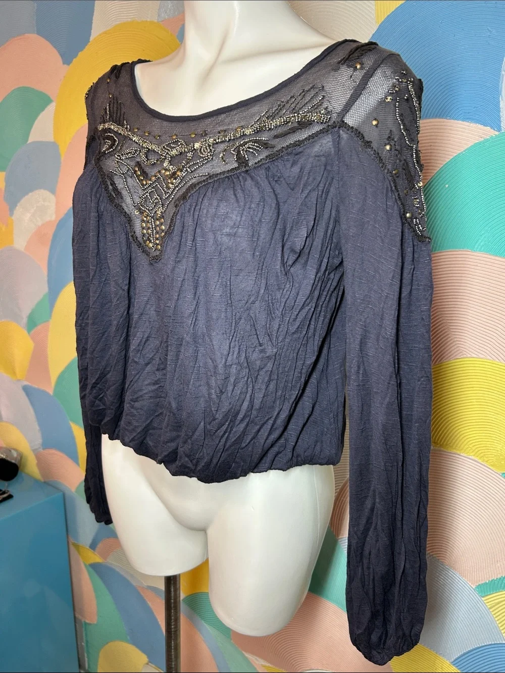Free People Embellished Mesh Yoke Long-Sleeve Top Navy Blue Women’s sz xs